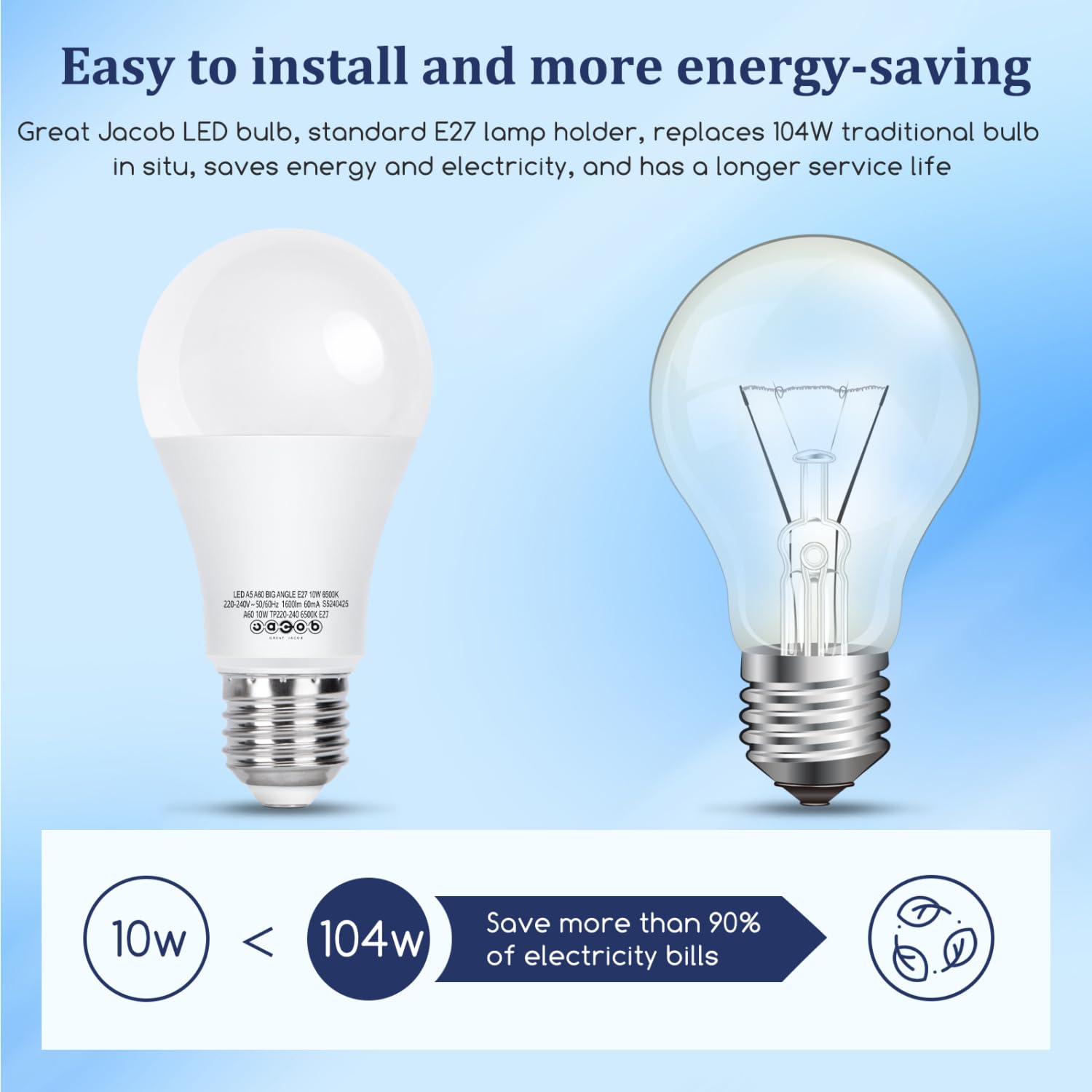 Great Jacob Lampadine LED A60 E27 10W=104W,Luce Fredda 6500K,1600 lumen,A60 LED Lampadina Non dimmerabile,Pacco da 7