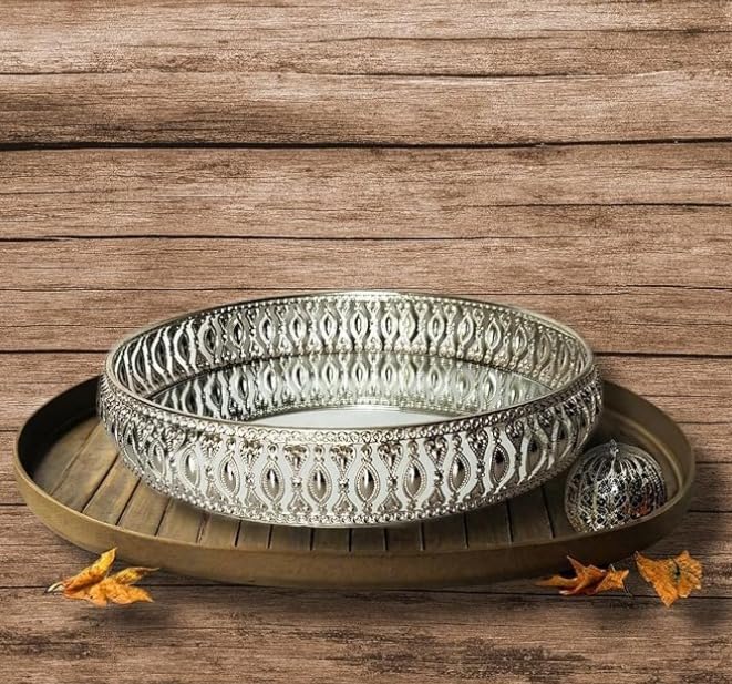 Image of Decorative German Silver Tray Set of 4 Sets Designer Set Trays I Gifting Trays Set [Display for Home Wedding and Festive Decor Size 10 inch 8 inch 6 inch 4 inch. Without Stand Flat Trays.