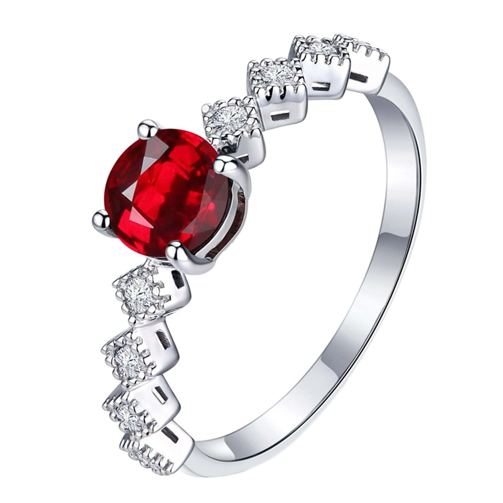 Anillos Alianza Oro Blanco 9 Kilates / 14 Kilates / 18 Kilates de Mujer, Rombo y Redondo con Rubí de 0,5ct y Diamante, Anillos de Alianzas Mujer Plata Rojo
