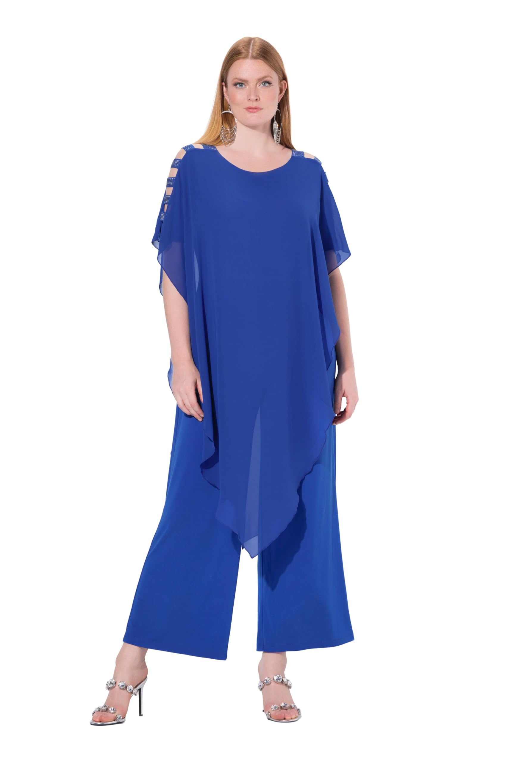 Ulla Popken Damen große Größen Übergrößen Plus Size Jumpsuit, Einteiler, Jersey, Chiffon-Überwurf, weites Bein 842463