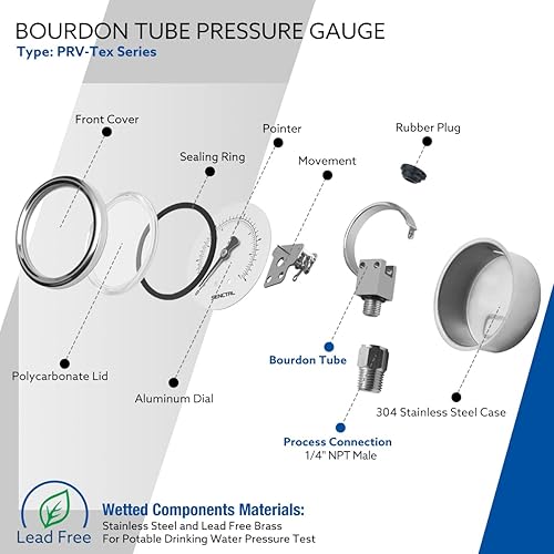 Miniatura 4 de SENCTRL Manómetro sin plomo de 100 psi, esfera de 2 pulgadas, montaje inferior 1/4 NPT, impermeable, caja de acero inoxidable, para tanque de agua