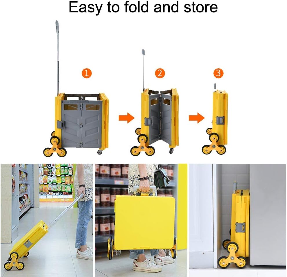 Foldable Utility Cart Folding Portable Rolling Crate Handcart with Durable Heavy Duty Plastic Telescoping Handle Collapsible 4 Rotate Wheels for Travel Shopping Luggage (Wheel 3602 (Yellow/Grey)) : Office Products