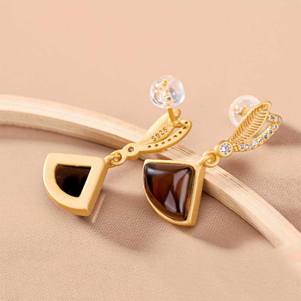 S925 Silver Gold-Plated Natural Tea Crystal Feather Triangle Earrings Jade for Women Yoga Genuine