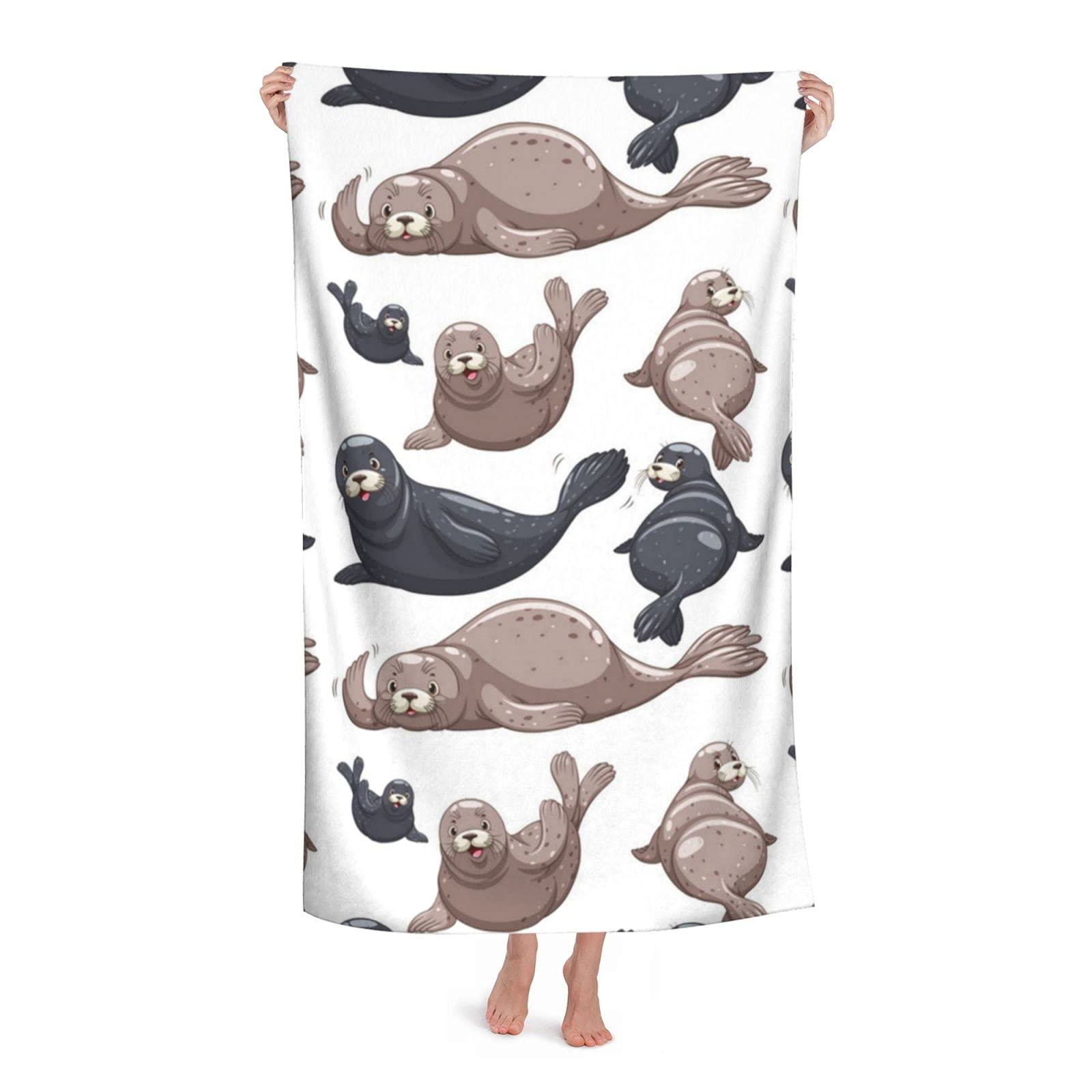 LSRCPD Seals Illustration Sea Lion Beach Towel Highly Absorbent Microfiber Beach Blanket Soft Bath Towels 80 x 130 cm