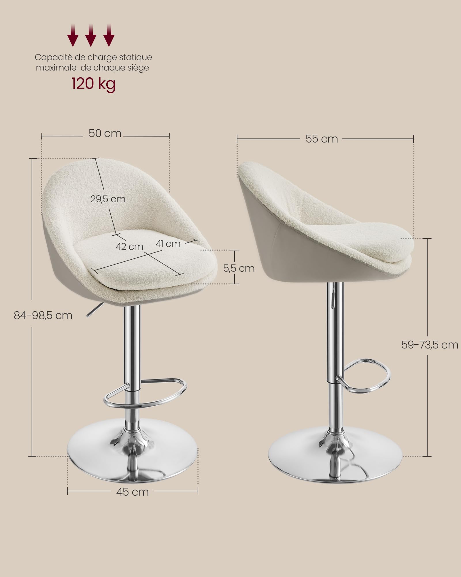 VASAGLE Tabouret de Bar, Lot de 2, Chaise de Cuisine, Réglable en Hauteur, Pivotant à 360°, avec Dossier, Socle, Repose-Pieds, Acier, pour Comptoir, Bar, Salle à Manger, Blanc Crème LJB110W01