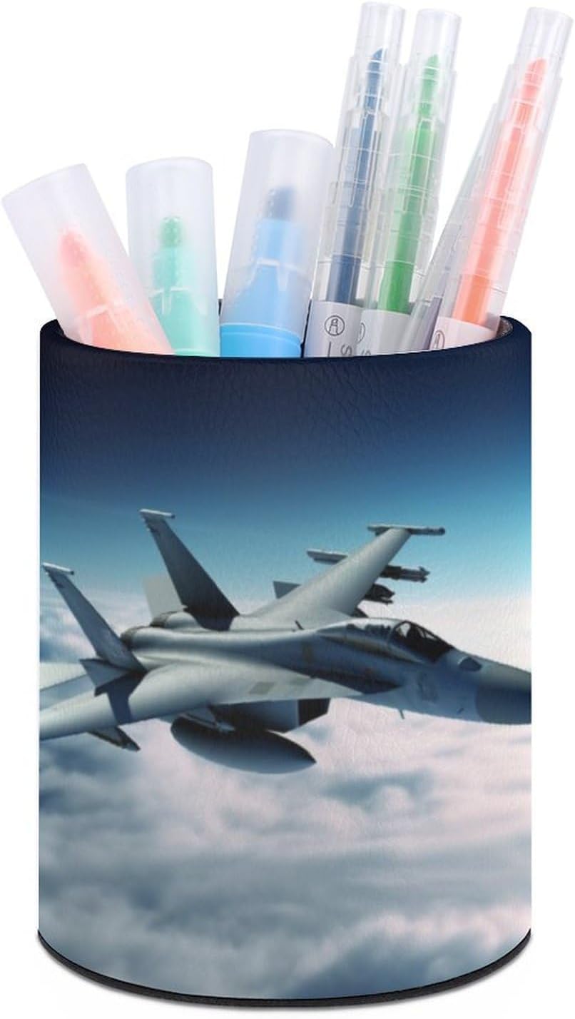 Aircraft Fighter Jets Pen Holder for Desk Leather Pencil Cup Cute Pen Organizer Makeup Brush Holders for Women Multifunctional Office Supplies Desk Accessories Storage