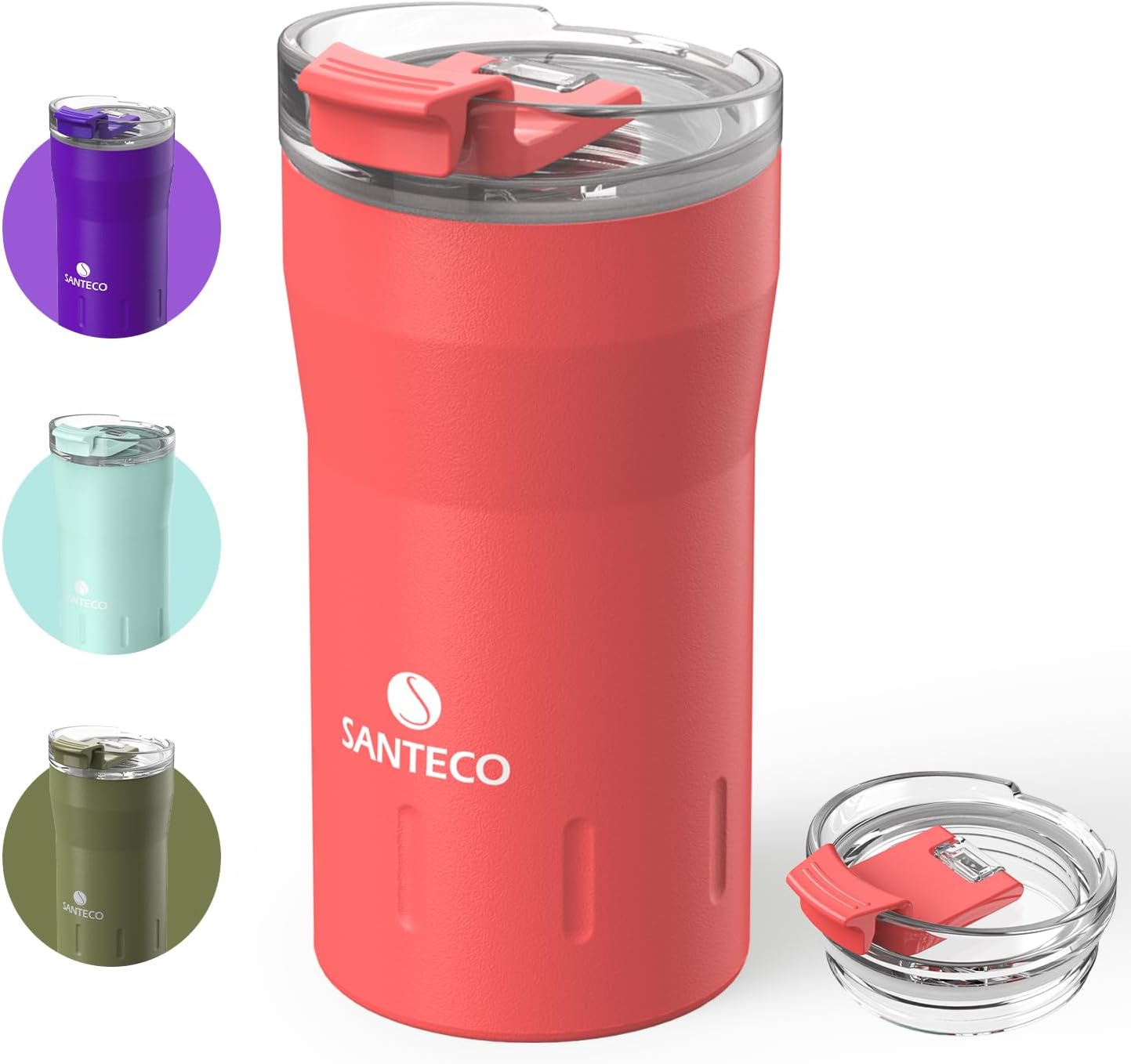 SANTECO Travel Coffee Mug 12 oz, Insulated Coffee Cups with Flip Lid, Stainless Steel Coffee Mugs Spill Proof, Double Wall Vacuum Tumbler, Reusable to Go Mug for Hot/Ice Coffee Tea, Red