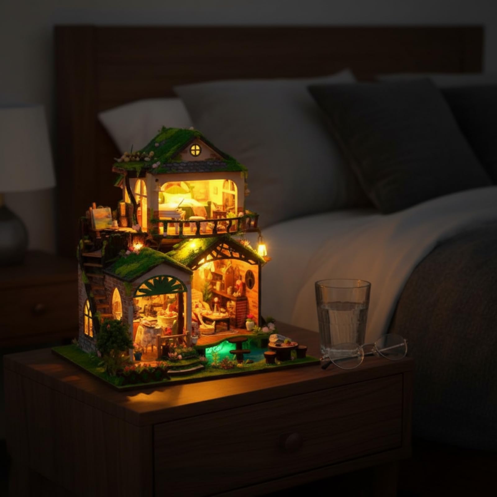 Kinder Lernpuzzle Miniaturhaus Bausatz Modellhaus Bastelset Holzpuzzle Spielzeug mit Beleuchtung Und Szenerie für Kinderzimmer Spielbereich Schreibtisch