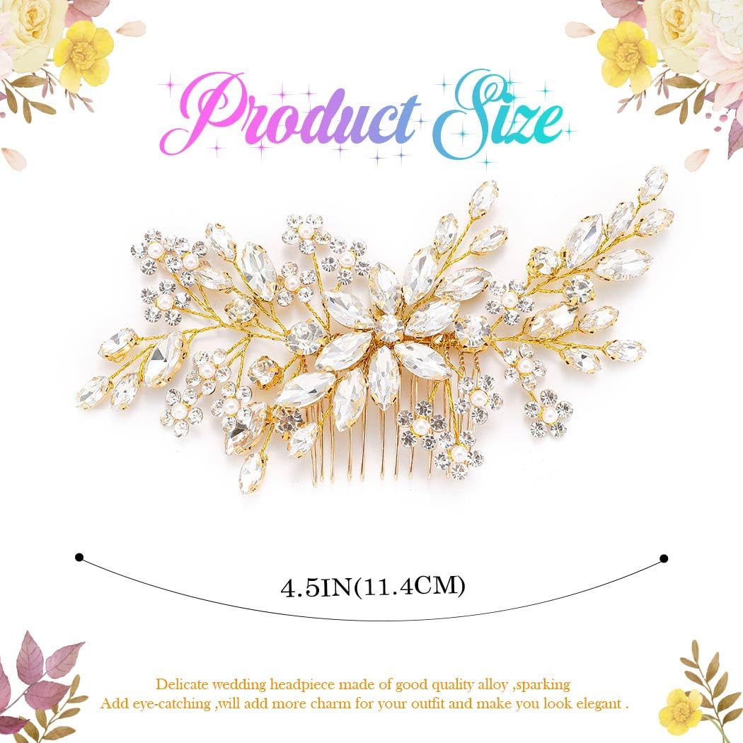 Catery Flower Crystal Bride Wedding Hair Comb Hair Accessories with Pearl Bridal Side Combs Headpiece for Women (Gold) - Image 3