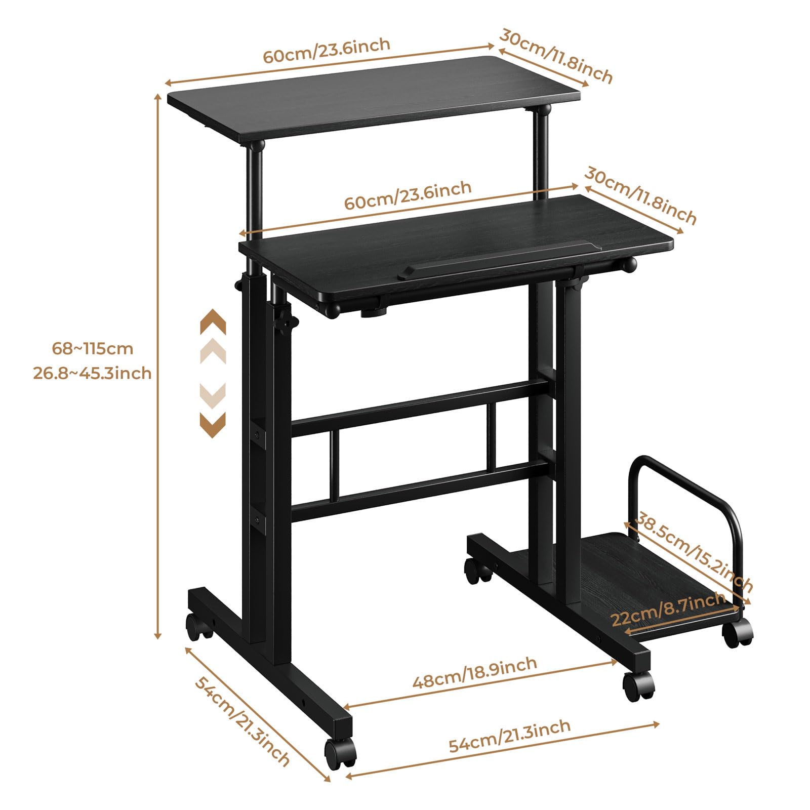 Dripex 60 x 60 cm, scrivania regolabile in altezza, scrivania mobile per computer con 4 ruote, tavolo per computer portatile, tavolo inclinabile, per casa, ufficio, nero