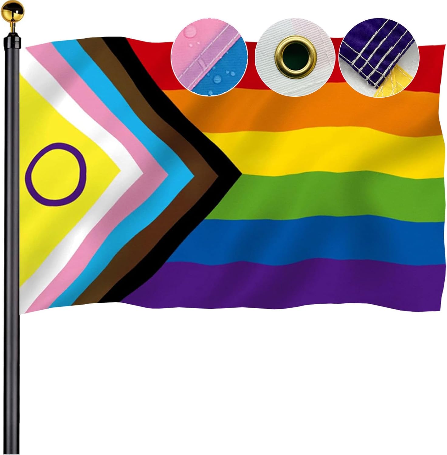 Intersex Progress Pride Flags 3x5 Outdoor - Embroidered Circle and Sewn Stripes Inclusive Lesbian Gay Bisexual Transgender Rainbow Flag for Outside with 2 Brass Grommets UV protection Fade Resistant