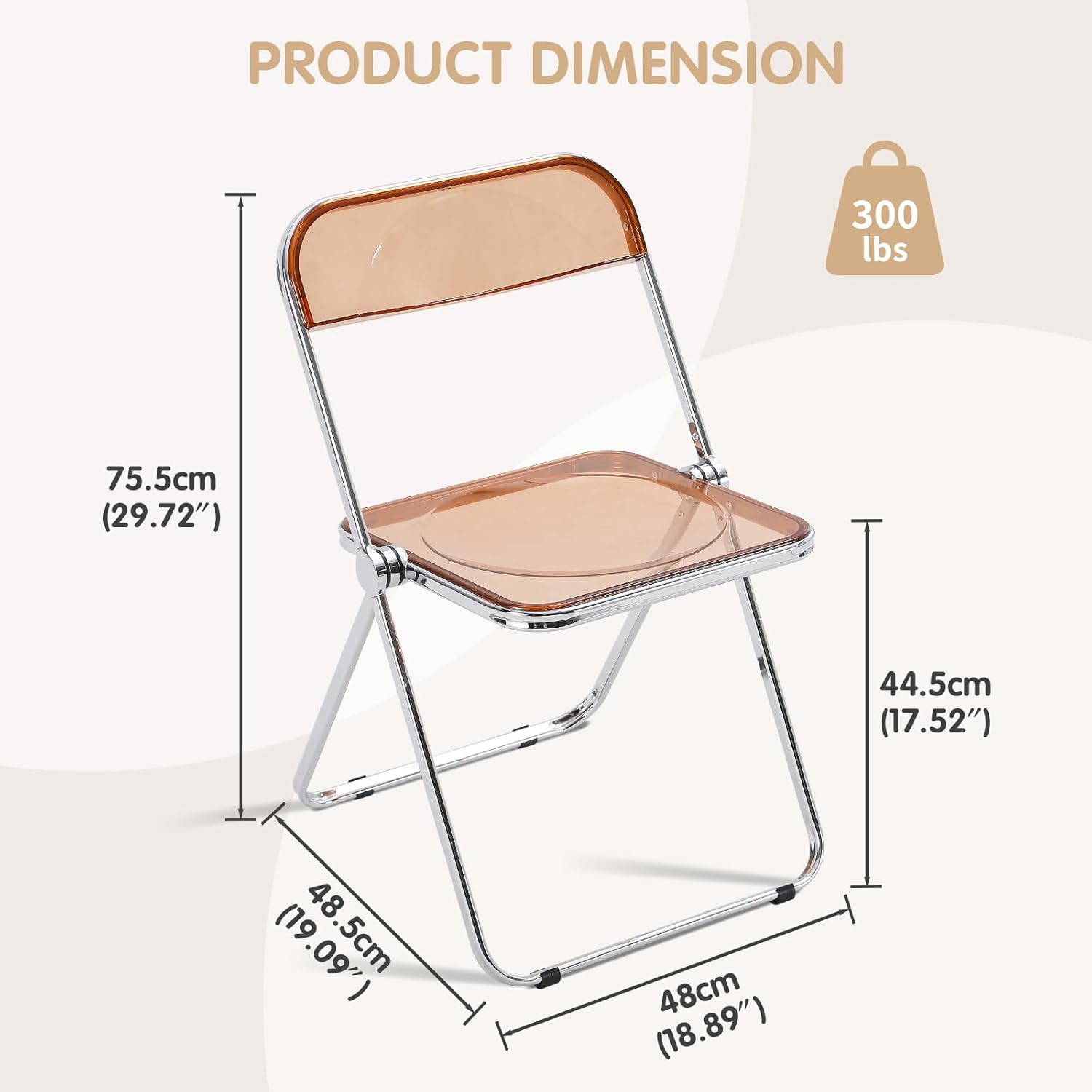 Modern Transparent Folding Chair- Acrylic Folding Chairs-Acrylic Ghost Stackable Crystal Seat-Luxury Plastic Living Room Seat-Chrome Frame Accent Side Chair-Tawny