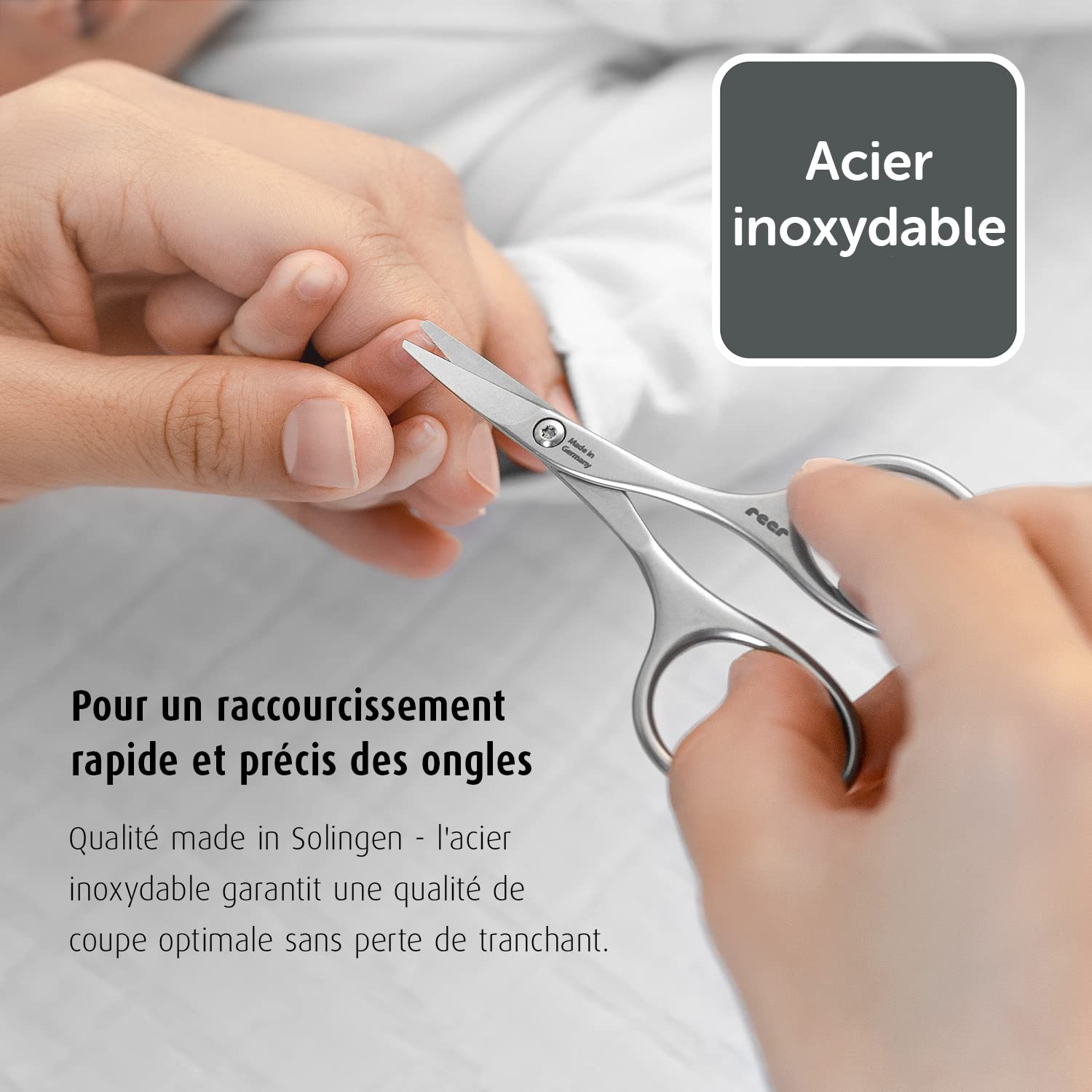 reer Premium Care nożyczki do paznokci dla niemowląt, do bezpiecznej pielęgnacji paznokci u niemowląt, nierdzewne, długość 85 mm