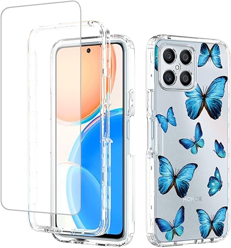 Funda para Honor X8 (no compatible con 5G) TFY-LX1 con protector de pantalla de vidrio templado, patrón de mariposa transparente de cuerpo completo,