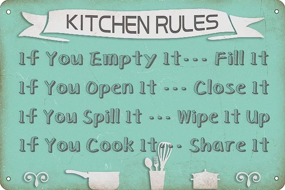 SMAZDFXX Kitchen Rules Metal Tin Signs,Retro Vintage Sign Wall Decor for Backyard Bar Farmhouse Home Kitchen Restaurant 12"x16"