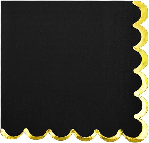 Miniatura 8 de Paquete de 200 servilletas de papel negro  Servilletas de cóctel festoneadas de papel dorado para suministros de fiesta temática, cumpleaños, baby