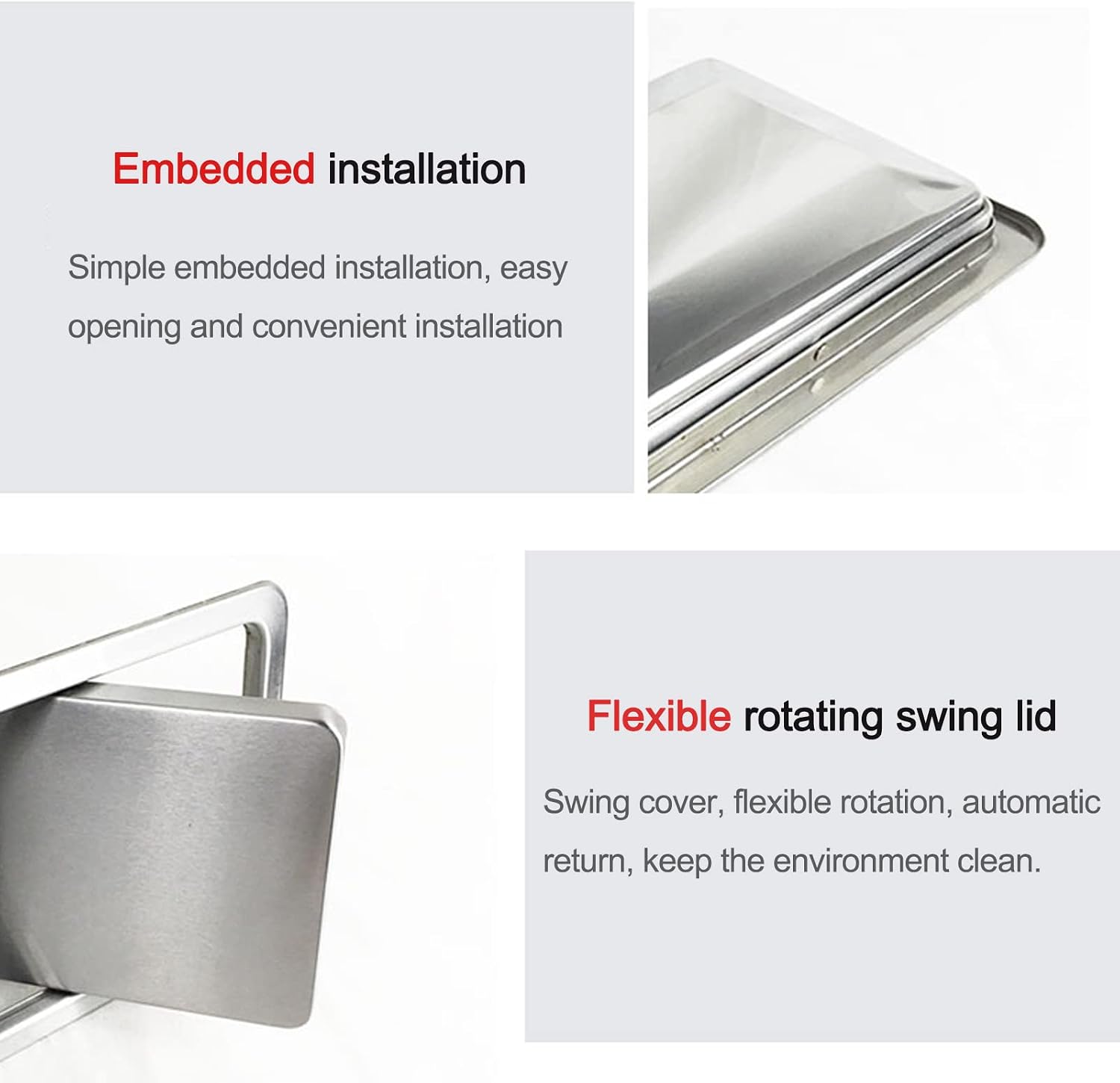 Trash Bin Lid Countertop Built in Garbage Can Balanced Flap Cover, 304 Stainless Steel Embedded Square 360 Degree Rotating Swing Lid Hidden Kitchen Waste Bin Co,Silver-L (Silver S)