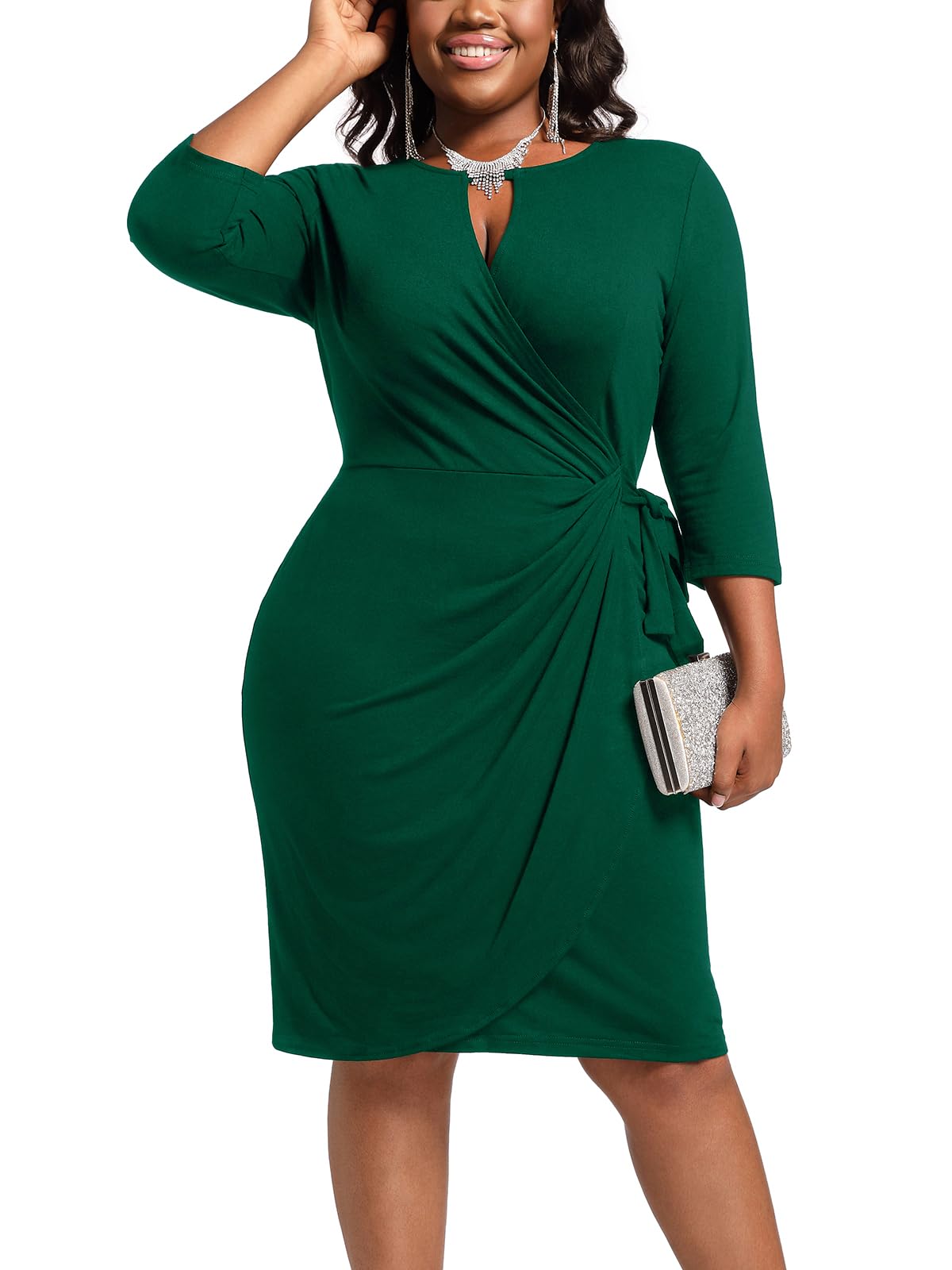 Plus Size Faux Wrap Bodycon Dress for Curvy Women Keyhole 3 4 Sleeve Sexy Cocktail Midi Wedding Guest
