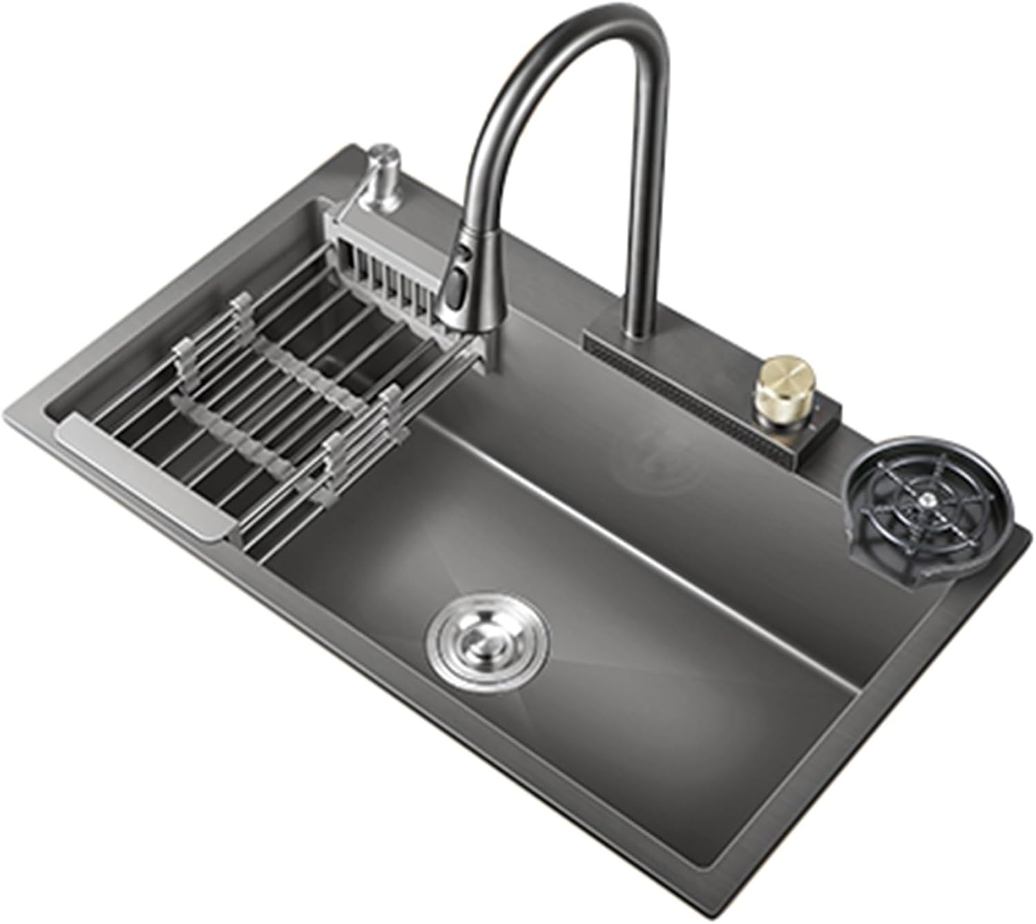 Kitchen Nano Sink, Waterfall Stainless Steel Sink with Pull-Out Faucet/Pressurized Cup Washer, Suitable for Bars, Rvs