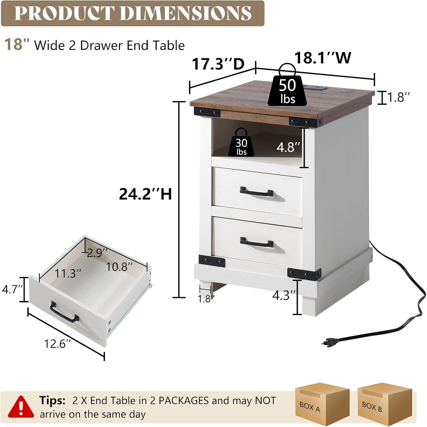 AMERLIFE 3 Pieces Farmhouse Bedroom Furniture Set, 6 Drawer Dresser Chest, Nightstand Set of 2 with Charging Station, Rustic Wood, Storage Organizer for Bedroom, Living Room, Antique White