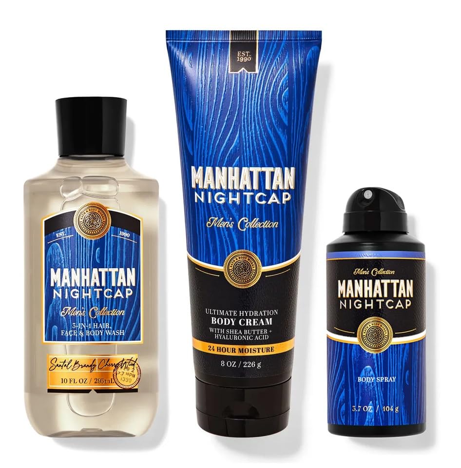 Manhattan Nightcap For Men 3 Product Bundle by Bath Body Works, 3-in-1 Hair, Face and Body Wash, Body Cream and Body Spray