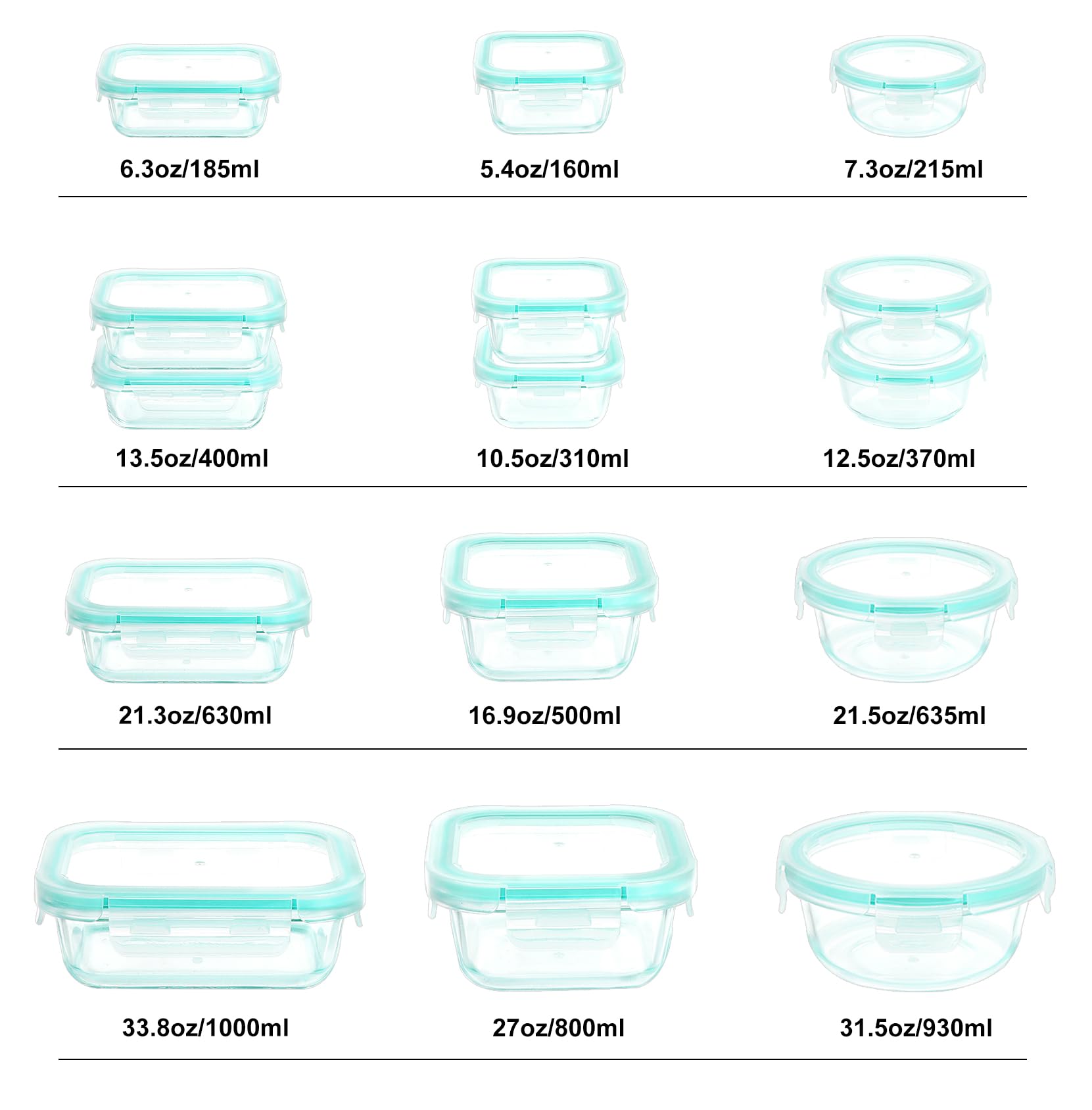BAYZZ Set di 30 contenitori per alimenti in vetro con coperchio, ermetici, adatti per microonde, congelatore e lavastoviglie, verde