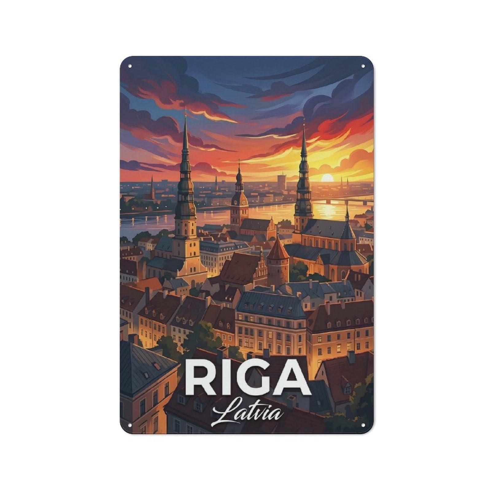 Junmoney Style For Café Or Restaurant, Riga, Latvia Sunset Cityscape Retro Metal Sign 30X20cm, Gift For Café Owners And Decorators During The Christmas Season
