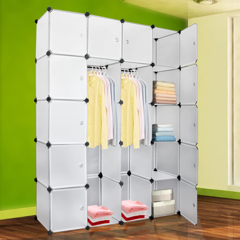 Sonnewelt Regalsystem Kleiderschrank Kunststoff, Regalsystem Würfel mit 20 Würfeln, Vielseitiger Steckschrank aus PP, Weiß Würfelschrank mit Türen für Kleidung, Spielzeug, Schuhe