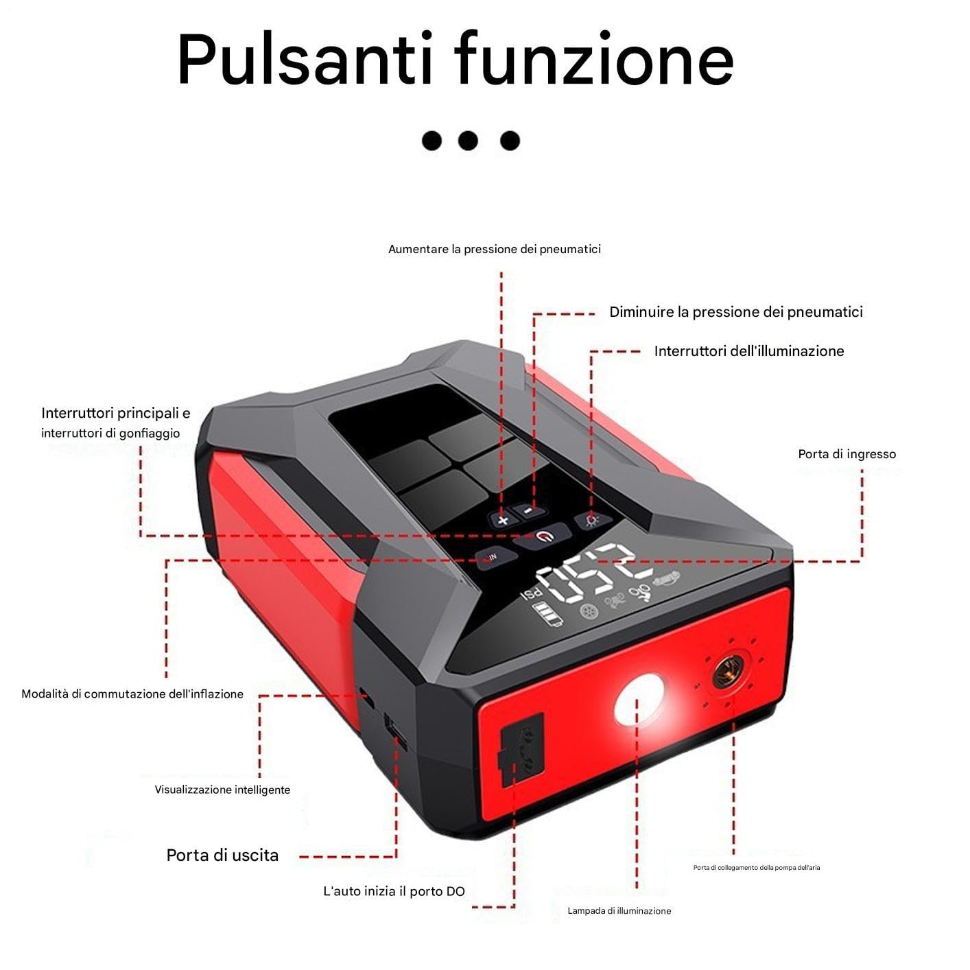 Avviatore Di Emergenza Per Batteria Auto Carica Batterie Auto Compatto | Alimentatore Auto a Lunga Durata con Accessorio Gonfia Pneumatici per Viaggi e Emergenze