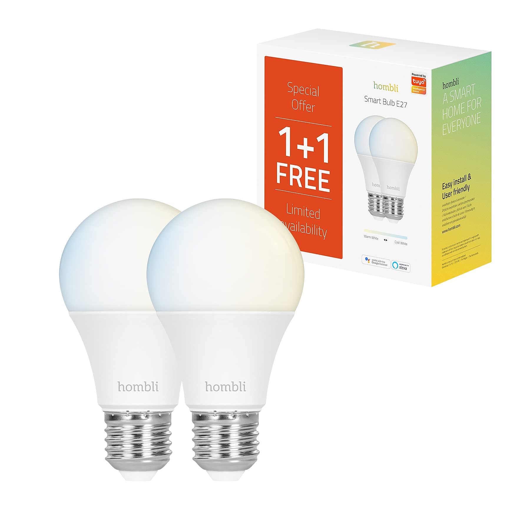 Hombli Hombli 2er Pack Smarte LED Glühbirne | E27 Dimmbares Warmweißes bis Kaltweiß Licht | 9W, 800 Lumen | Einfache Installation | Sprachsteuerung | Kompatibel mit Google, Alexa & Siri