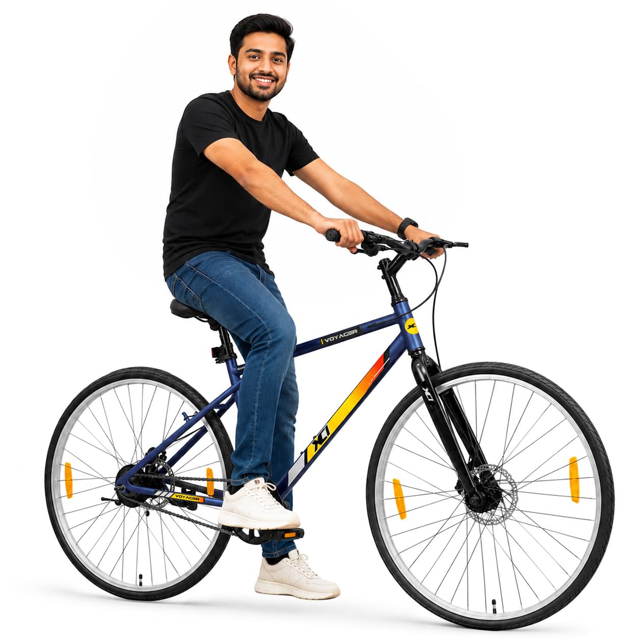 XCi Voyager Hybrid Road Bike, 700C Tires, Single Speed, Rigid Suspension, Disc Brakes, Youth 12+ Years, 17-Inch Ultra Light Steel Frame, Blue Yellow-image-31