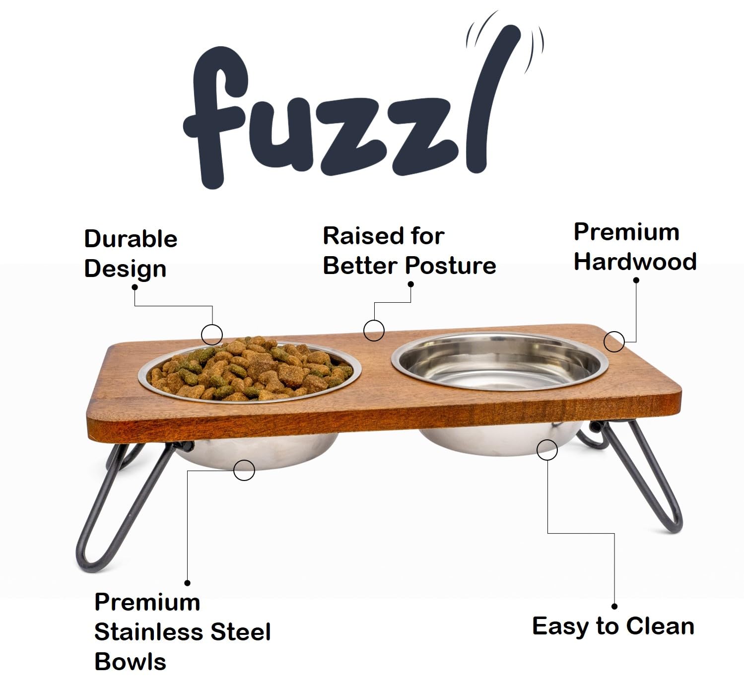 Fuzzl Gamelle surélevée pour chien avec support en bois dur élégant – Acier inoxydable ultra propre – Bol surélevé pour une meilleure posture et digestion – Gamelle d'eau polyvalente pour chien pour