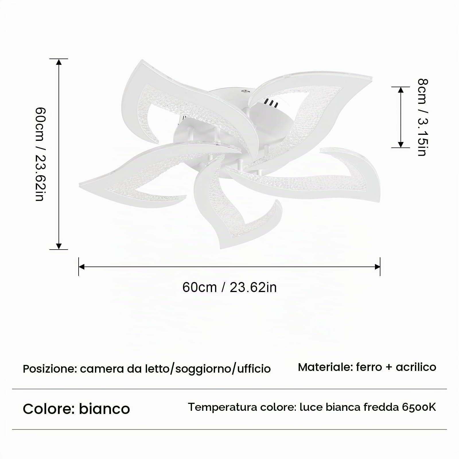 Plafoniera LED Soffitto 60W, 6500K Bianco Freddo | Lampadario LED Moderna Creativa A Forma di Petalo in Acrilico per Soggiorno Camera da Letto Sala da Pranzo Ufficio, 60CM