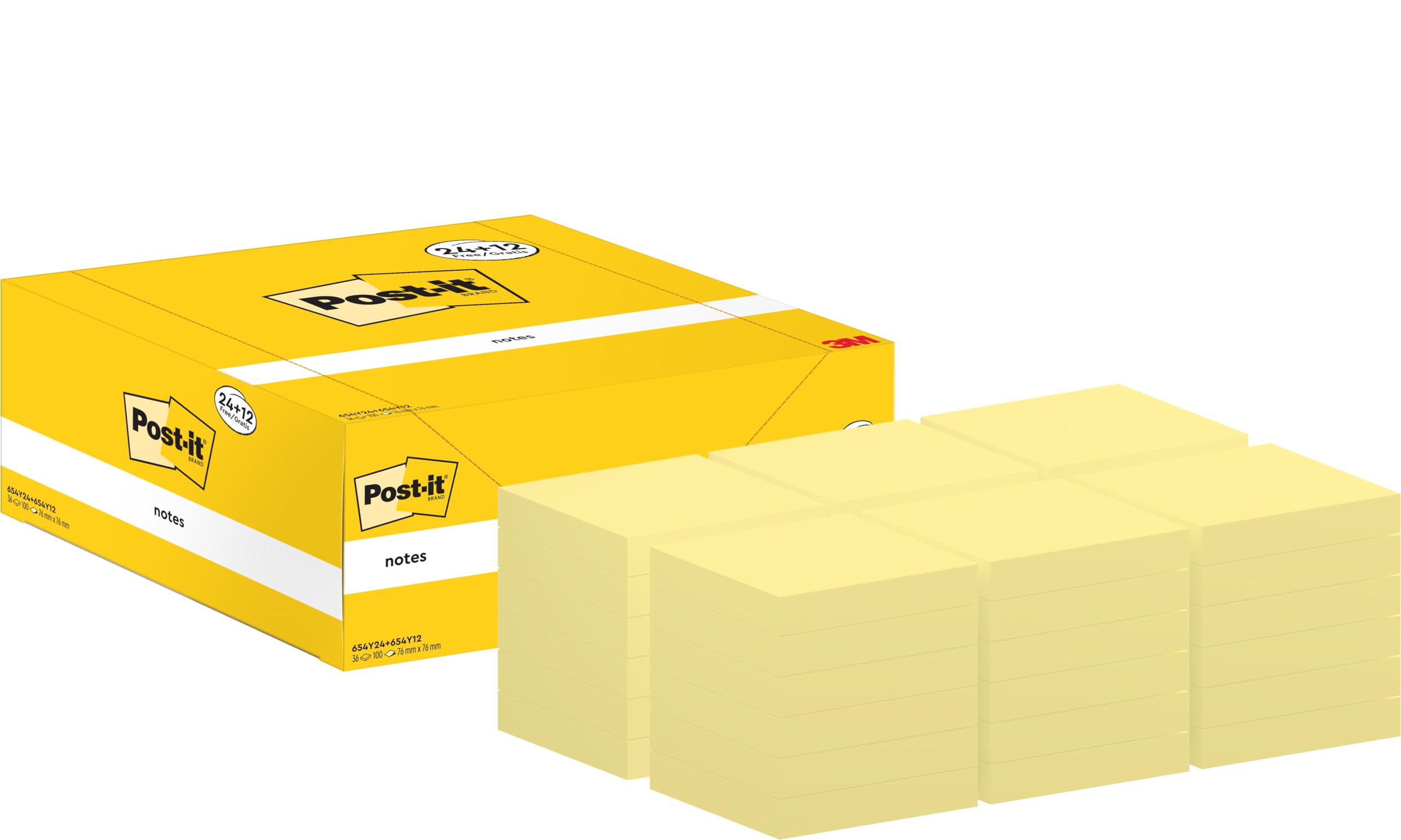 Post-it Notes Autocollantes, Pack Promo de 24 Blocs + 12 GRATUITS, 100 Feuilles par Bloc, 76 mm x 76 mm, Jaune Pastel - Feuillets Adhésifs pour Prise de Notes, Listes de Tâches et Rappels