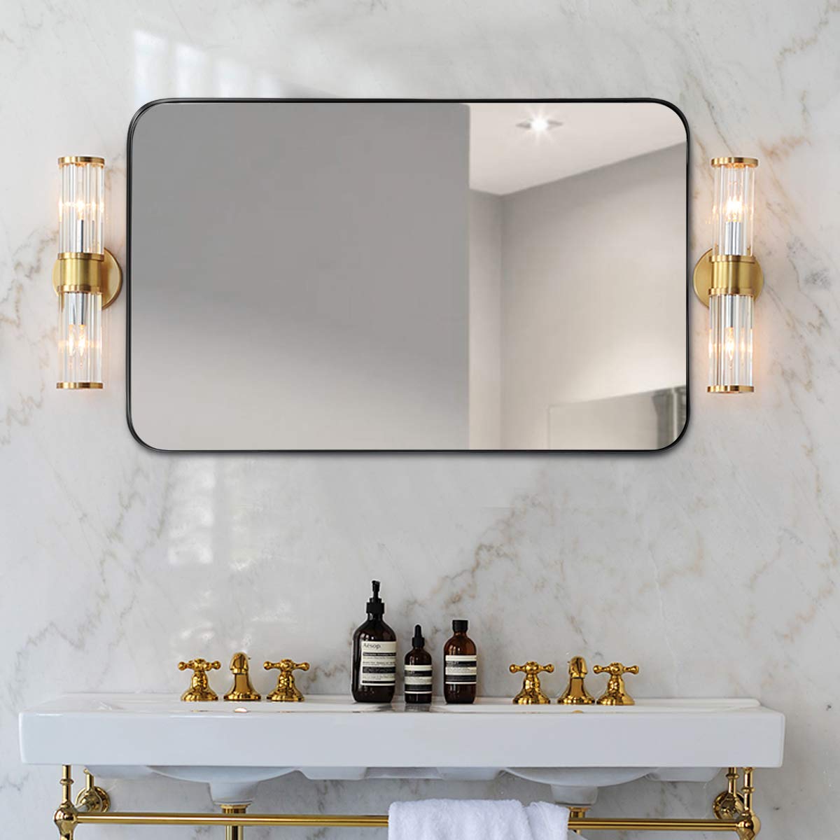 CASART Wall-Mounted Rectangular Mirror, Bathroom Mirror with Metal Frame, Makeup Shaving Mirrors for Entryways, Washrooms, Bedroom and Dressing Room (Black, 81 x 51cm)