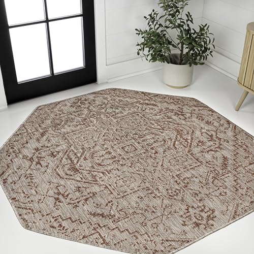 JONATHAN Y Boho Medallion Indoor Outdoor Octagon Area Rug 8 Ft Red/Taupe, Estrella Textured Weave for Backyard, Patio, Porch, Easy-Cleaning, High Traffic, Pet-Friendly, Non-Shedding (SMB105A-8TGN)