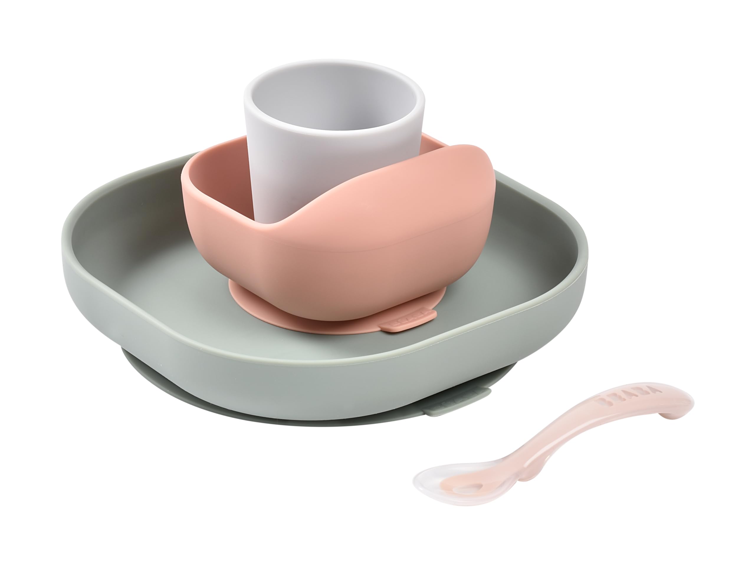 Béaba Baby Meal Set, with Suction Pad, Non-Slip, Silicone Compartment Plate + Spoon, Healthy and Durable, Dishwasher Proof, Microwave, Freezer, Easy to Clean, Night Blue, 913507