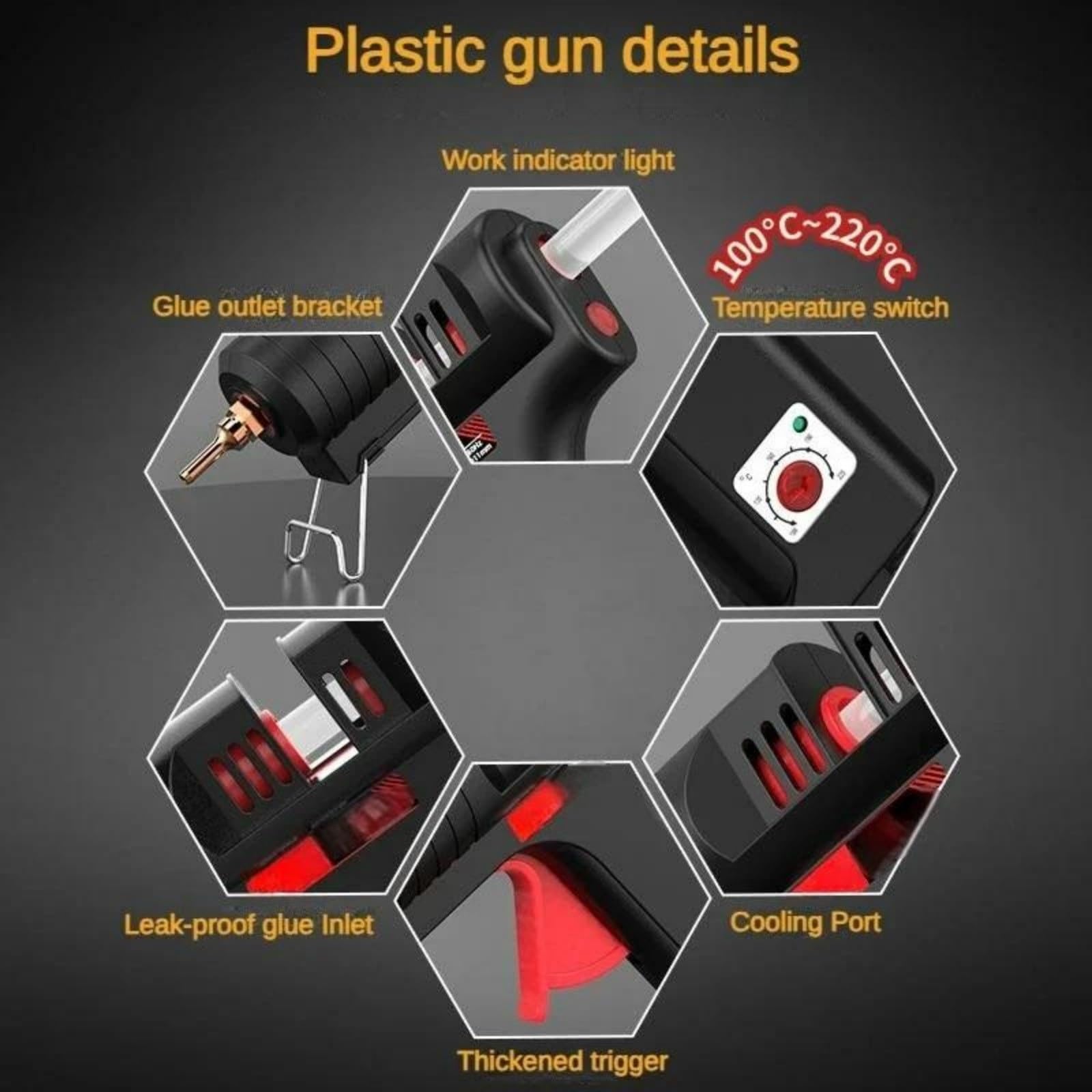 Pistola de pegamento caliente 11 mm, temperatura ajustable con boquilla, 200 W, pistola silicona profesional negra/amarilla pistola de pegamento caliente(150w)