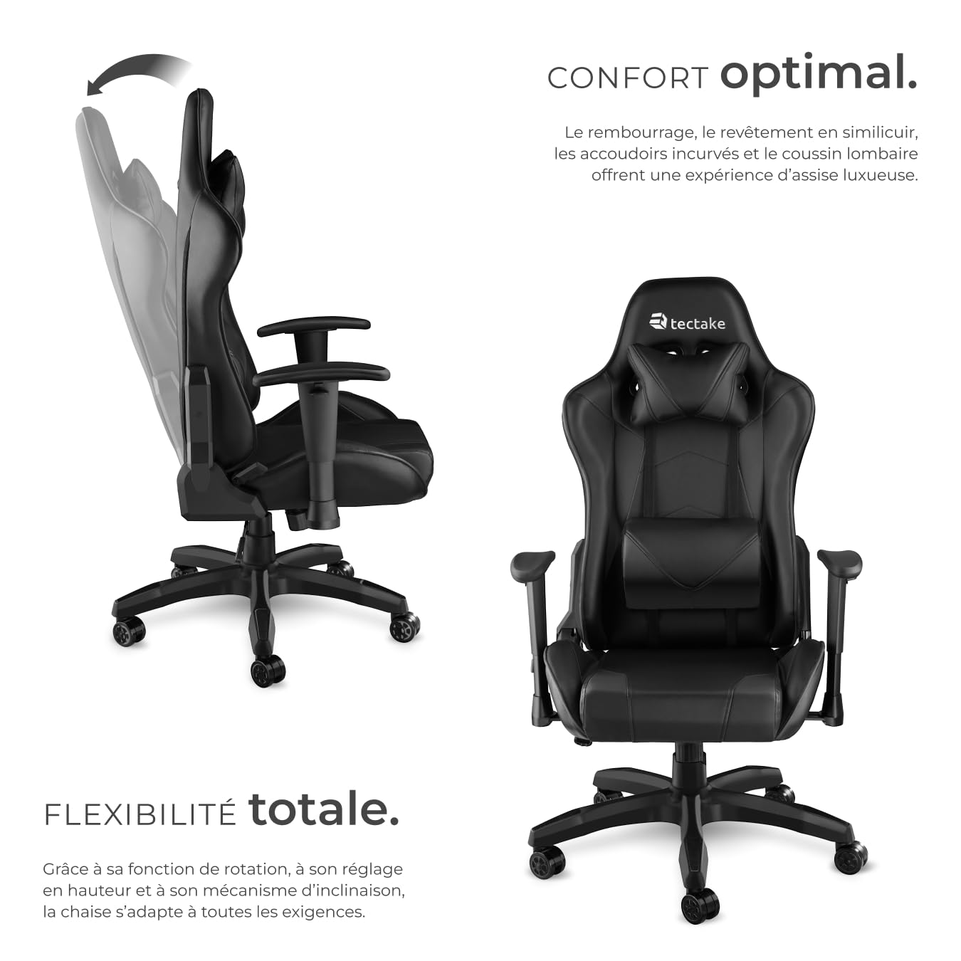 tectake® Chaise Gaming Chaise de Bureau Fauteuil de Bureau Fauteuil pivotant Design avec Coussin Lombaire et Nuque, Chaises Ergonomique, Fauteuils avec Accoudoirs, Roulette, Teletravail - Noir