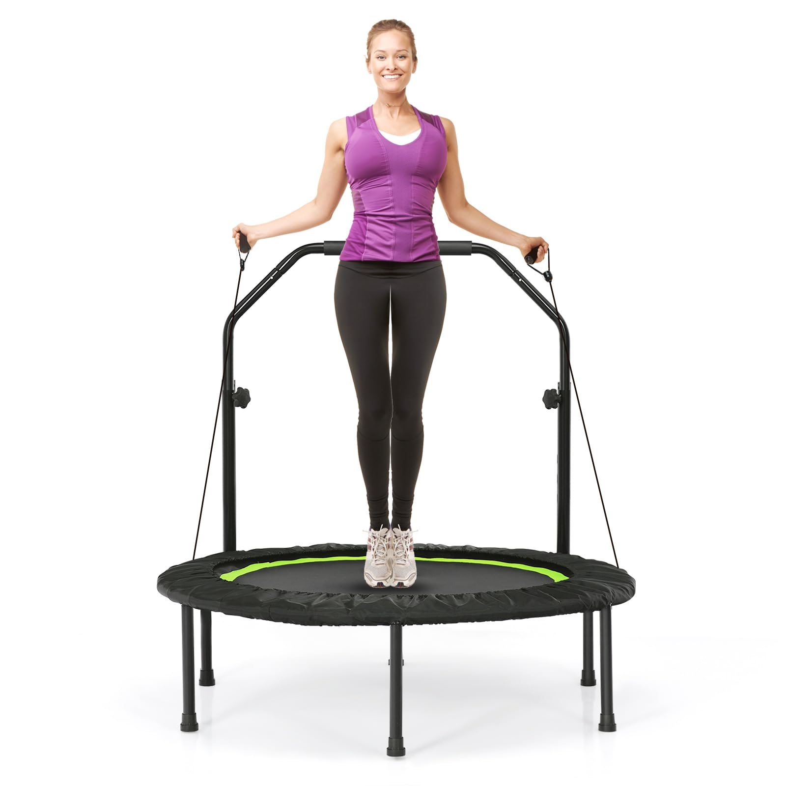 COSTWAY Cama Elástica Plegable 101 cm con 2 Bandas de Resistencia, Trampolín Elástico con Empuñadura Regulable, Cama Elástica Fitness de Interior y Exterior para Niños y Adultos