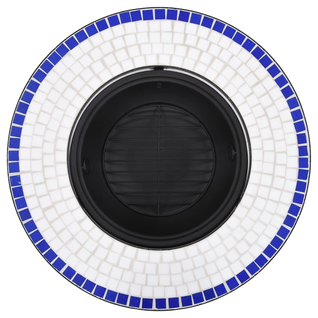 vidaXL Brasero Mosaico Cerámica Accesorios Barbacoa Jardín Terraza Patio Añadido Decorativo Diseño Robusto con Rejilla Azul/Blanco Diámetro 68cm