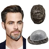 Vista 52 de Toupee para hombres pieza de pelo 0.002 in piel ultra fina para hombre Toupee cabello humano gris sistema de reemplazo para hombres sistema