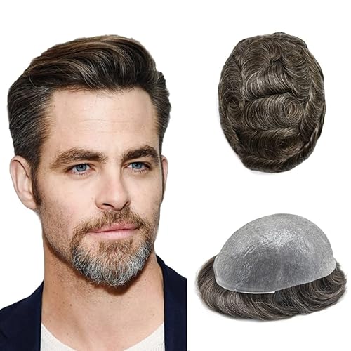 Miniatura 52 de Toupee para hombres pieza de pelo 0.002 in piel ultra fina para hombre Toupee cabello humano gris sistema de reemplazo para hombres sistema