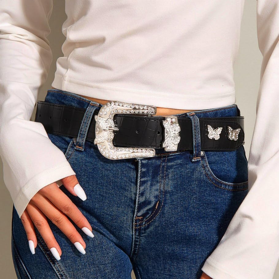 Black Western Leather Belts Rhinestone Buckle Belt for Women Cowgirl Belts for Jeans Pants2