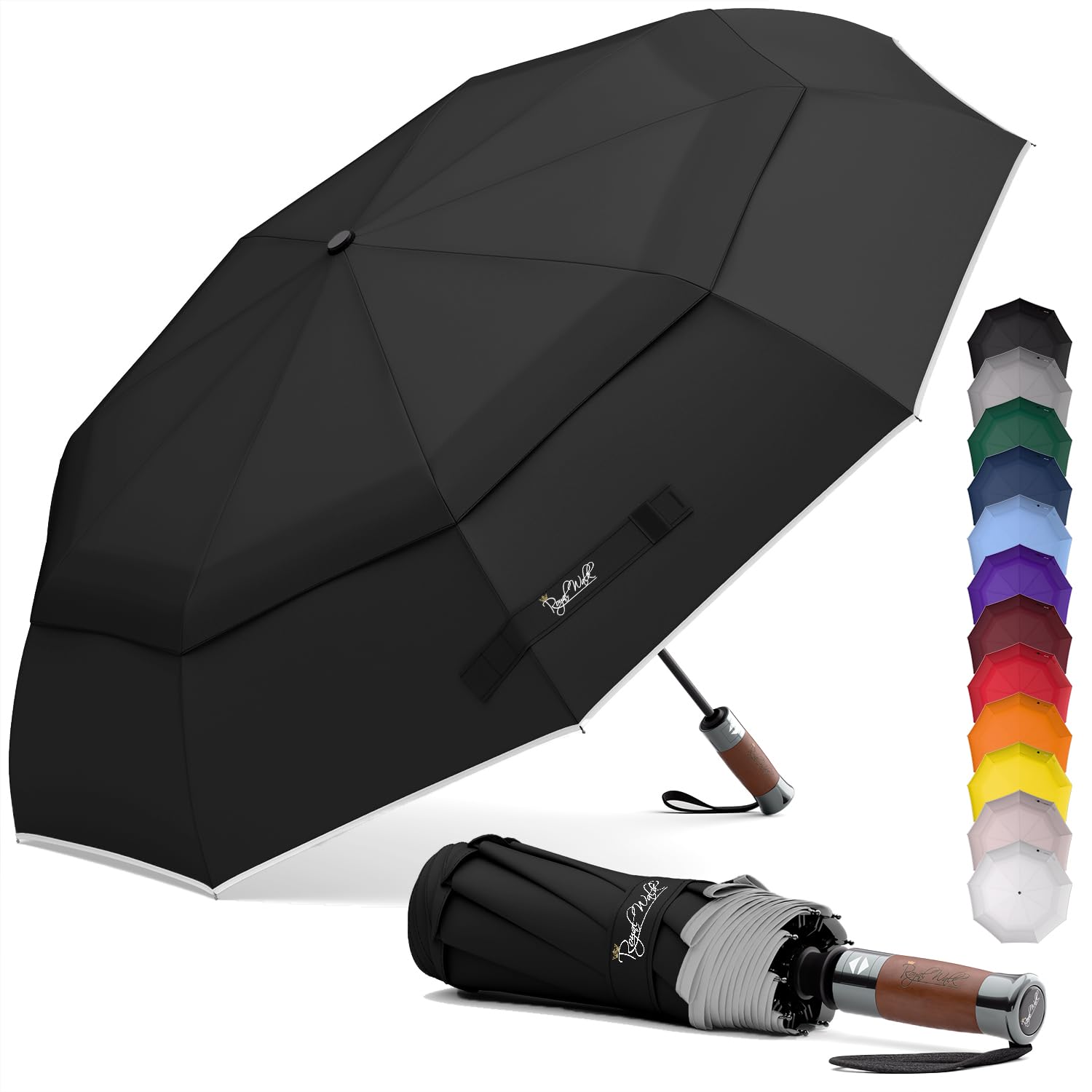 Royal Walk Windproof Folding Travel Umbrella Compact and Strong Luxurious Real Wood Handle Automatic Open Close Vented Double Canopy for Men and Women (Black)