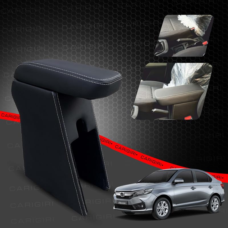 Image of Carigiri Premium Finish Car Armrest with Storage Box And High Density Moulded Foam For Honda Amaze (Models-2018-2024) (Black With White Double Stitching,Nappa Leatherette)