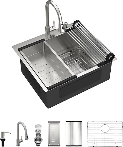 Miniatura 8 de Dcolora DC-T7742 - Fregadero de cocina de 30 pulgadas con caída en la parte superior, de acero inoxidable 304, calibre 16, con esquina redonda, 30 x