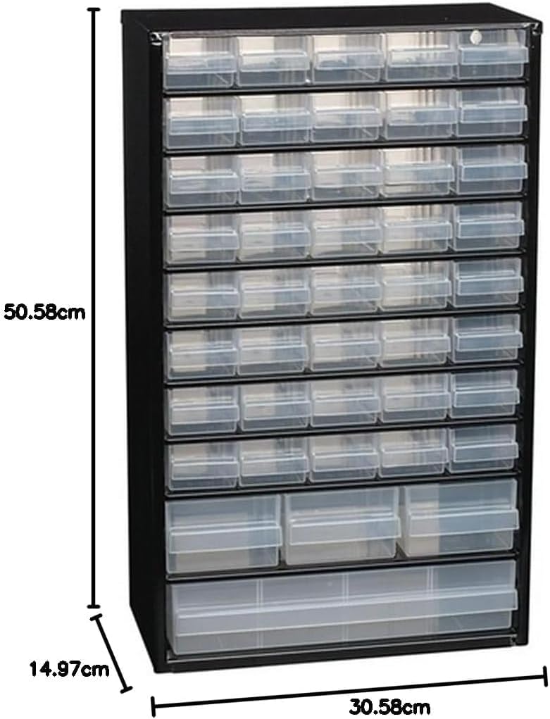 Raaco Steel Storage Cabinet, Tall 44-Drawer, Clear Polypropylene Plastic Drawer – Small Parts Organizer, Screws, Nuts & Bolts, Crafts & Hardware – Tool Cabinet for Workbench & Wall Storage (C11-44)