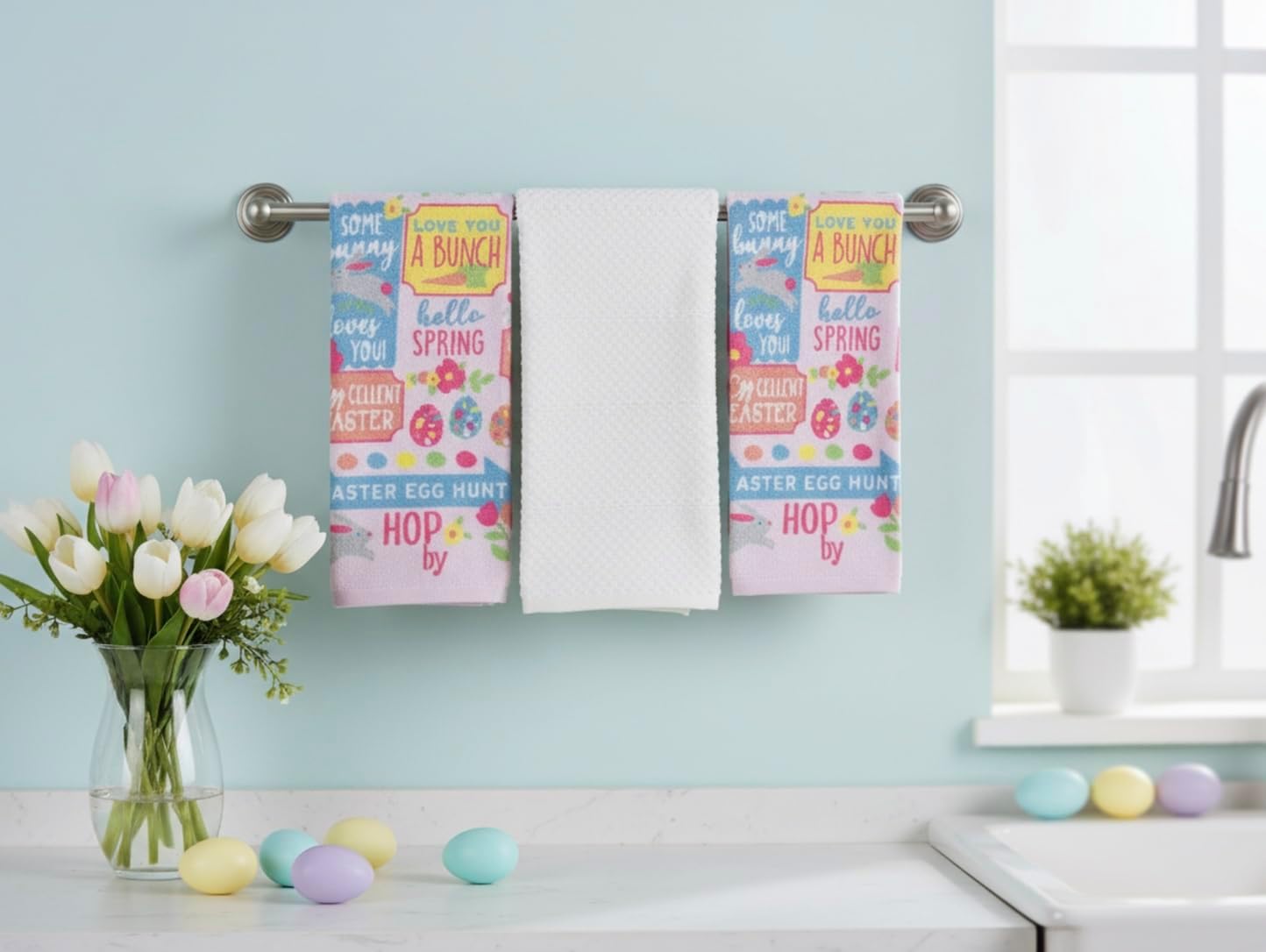 Serafina Home Easter Spring Kitchen Hand Towels: Two Bunny RABIT Designs and One Coordinating Kitchen Towel, 100% Cotton, 3 Pc Set (Design 7)
