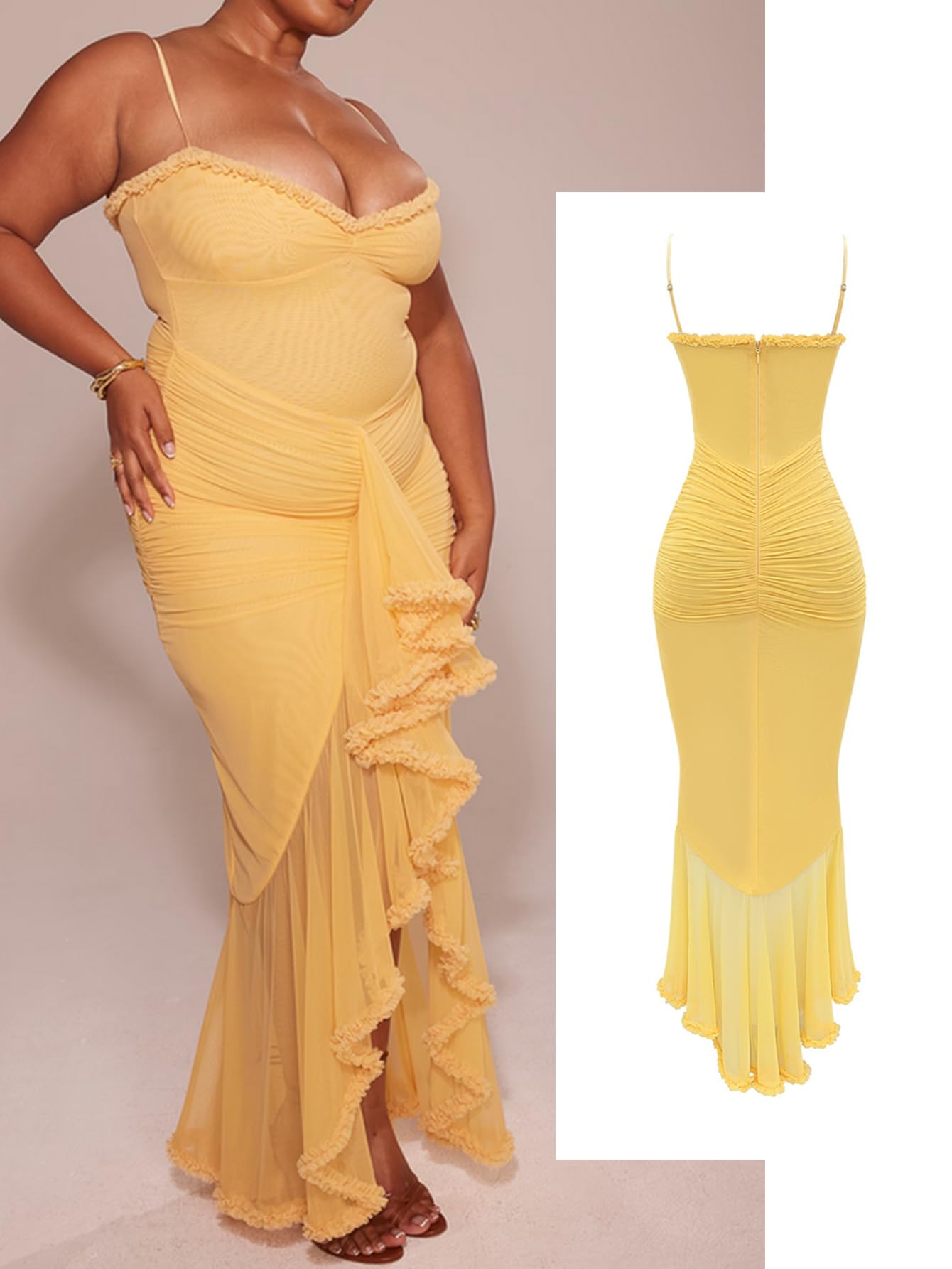 Elegante vestido de malla para invitados de boda, vestido largo formal con volantes y cola de pez